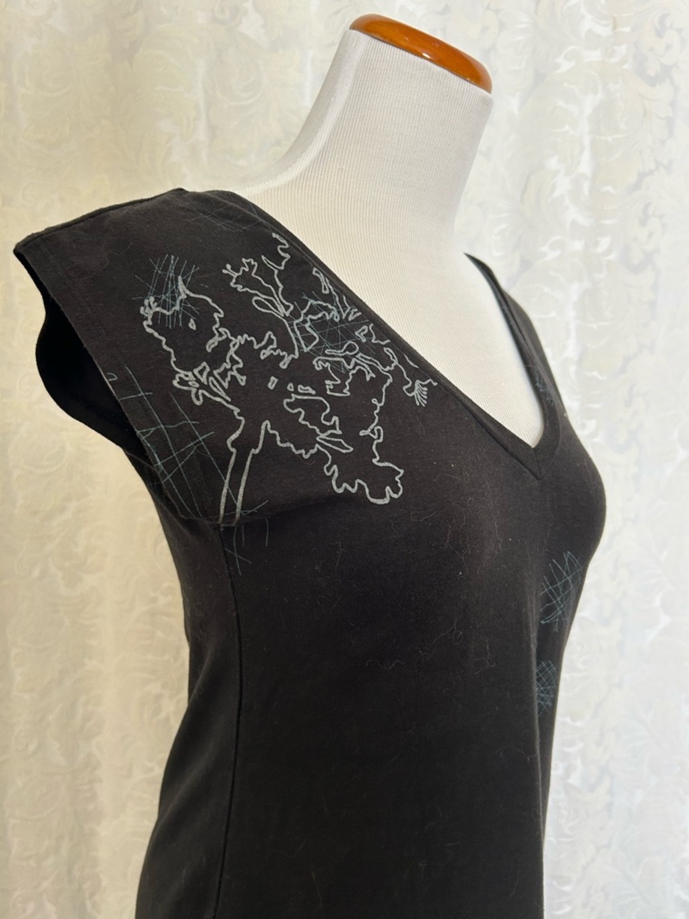 Black V-Neck Floral Accent Dress